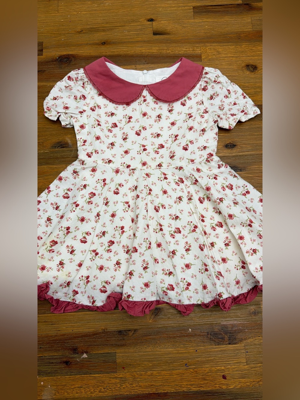 Girls' Floral Peter Collar Dress in Rose Pink and White